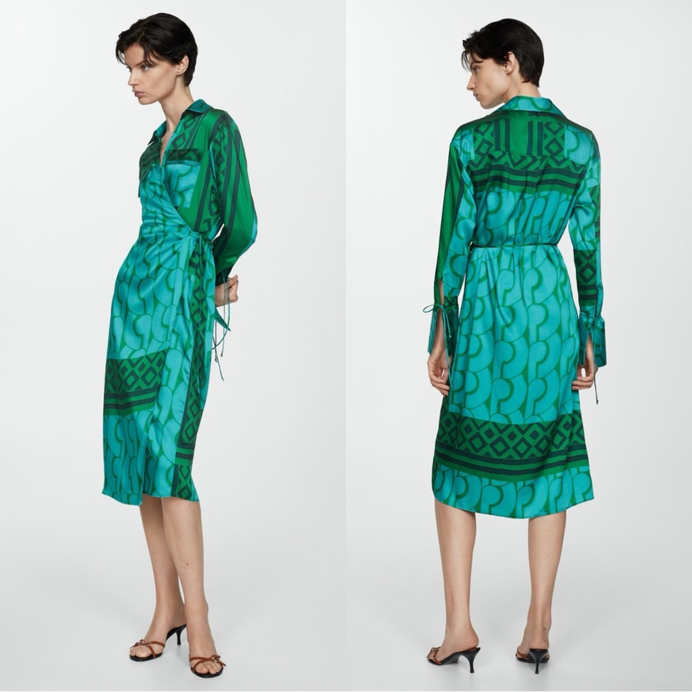 Mango Printed Bow Blue and Green Long Sleeve Wrap Dress